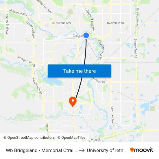 Wb Bridgeland - Memorial Ctrain Station to University of lethbridge map