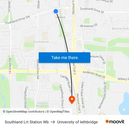 Southland Lrt Station Wb to University of lethbridge map