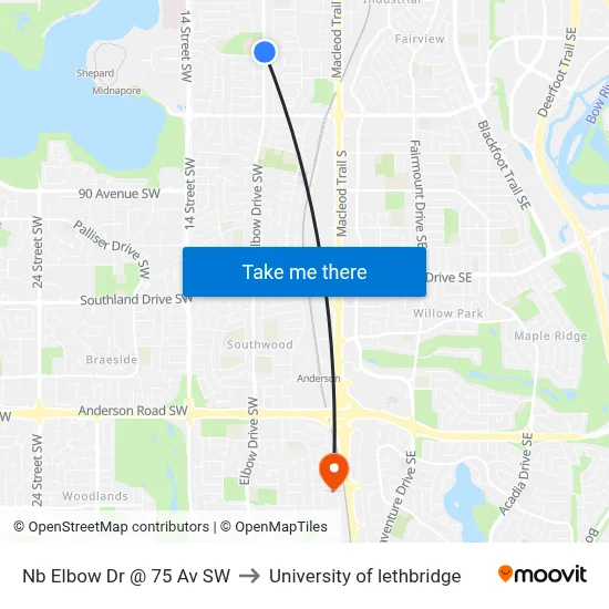 Nb Elbow Dr @ 75 Av SW to University of lethbridge map