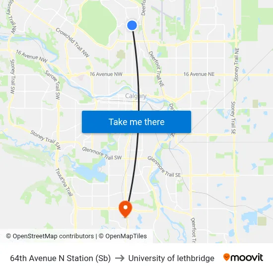 64th Avenue N Station (Sb) to University of lethbridge map