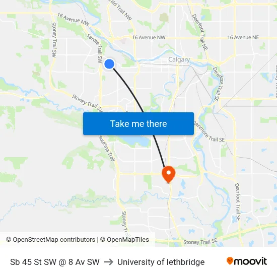 Sb 45 St SW @ 8 Av SW to University of lethbridge map