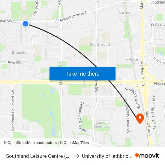 Southland Leisure Centre (Eb) to University of lethbridge map