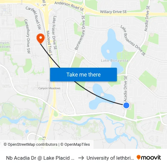 Nb Acadia Dr @ Lake Placid Hl SE to University of lethbridge map