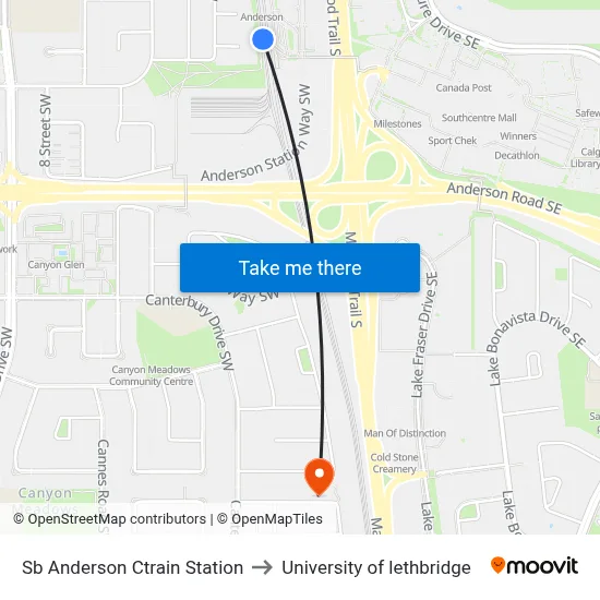 Sb Anderson Ctrain Station to University of lethbridge map