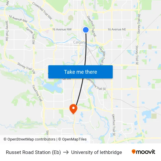 Russet Road Station (Eb) to University of lethbridge map