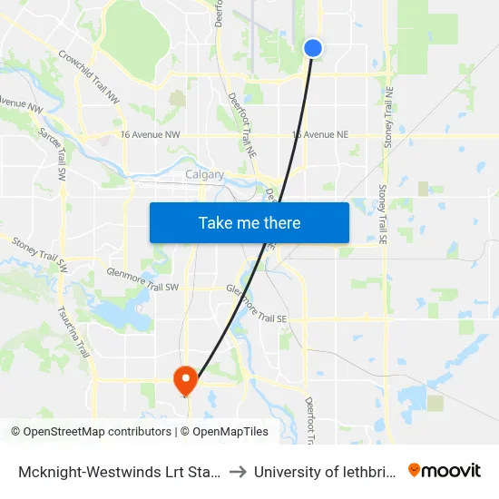 Mcknight-Westwinds Lrt Station to University of lethbridge map