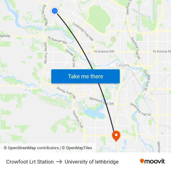 Crowfoot Lrt Station to University of lethbridge map