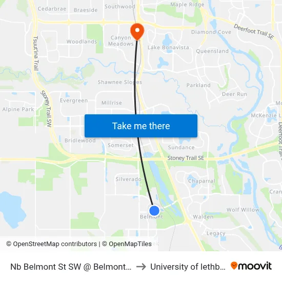 Nb Belmont St SW @ Belmont Bv SW to University of lethbridge map