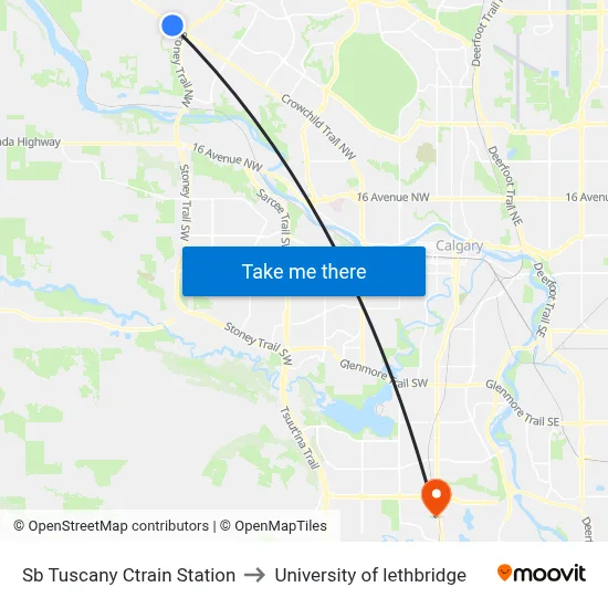 Sb Tuscany Ctrain Station to University of lethbridge map
