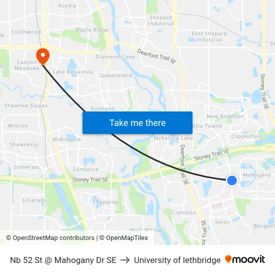 Nb 52 St @ Mahogany Dr SE to University of lethbridge map