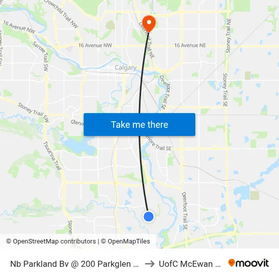 Nb Parkland Bv @ 200 Parkglen Pl SE to UofC McEwan Hall map