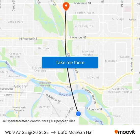 Wb 9 Av SE @ 20 St SE to UofC McEwan Hall map