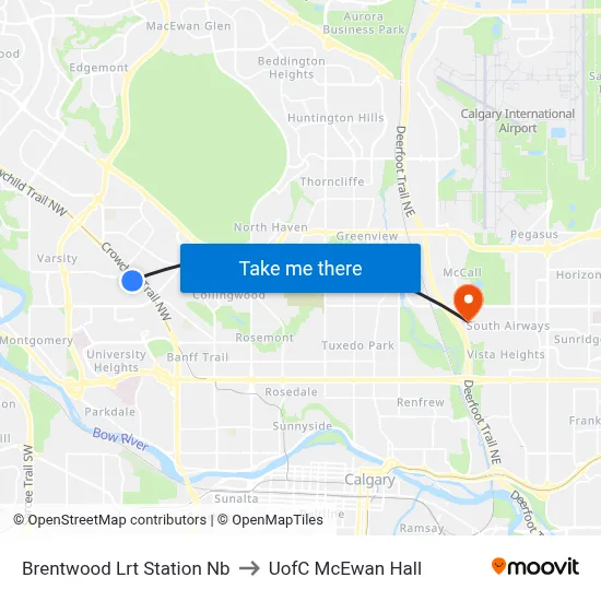 Brentwood Lrt Station Nb to UofC McEwan Hall map