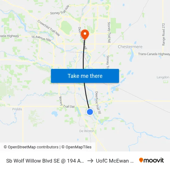 Sb Wolf Willow  Blvd SE @ 194 Av SE to UofC McEwan Hall map