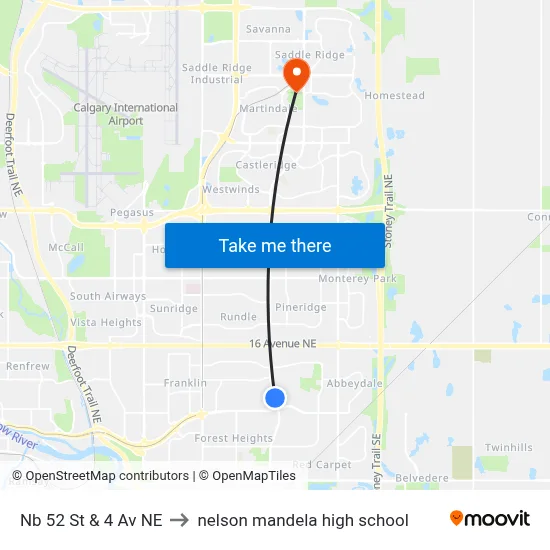 Nb 52 St & 4 Av NE to nelson mandela high school map