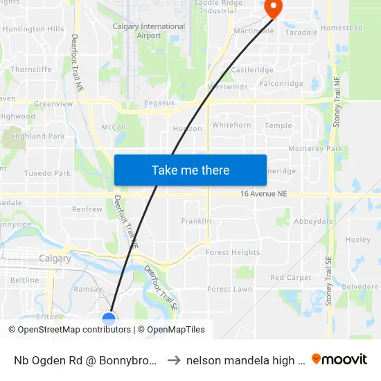 Nb Ogden Rd @ Bonnybrook Rd SE to nelson mandela high school map