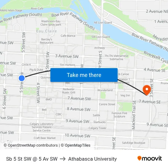Sb 5 St SW @ 5 Av SW to Athabasca University map