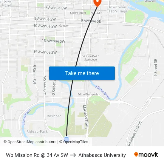 Wb Mission Rd @ 34 Av SW to Athabasca University map