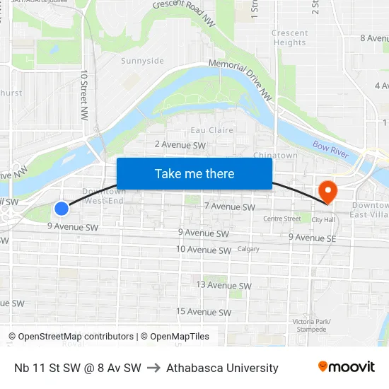 Nb 11 St SW @ 8 Av SW to Athabasca University map