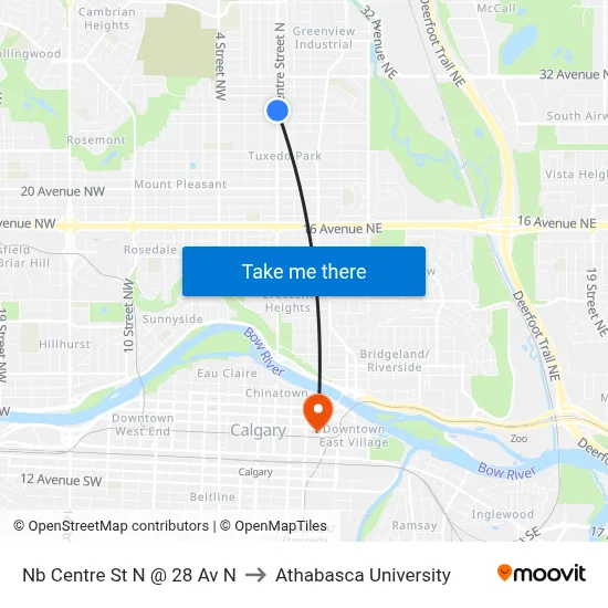 Nb Centre St N @ 28 Av N to Athabasca University map