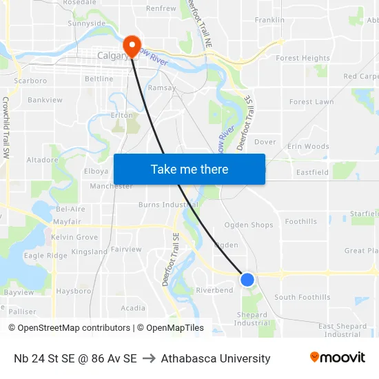 Nb 24 St SE @ 86 Av SE to Athabasca University map