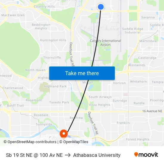 Sb 19 St NE @ 100 Av NE to Athabasca University map