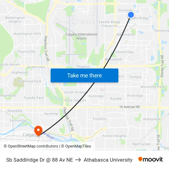 Sb Saddlridge Dr @ 88 Av NE to Athabasca University map