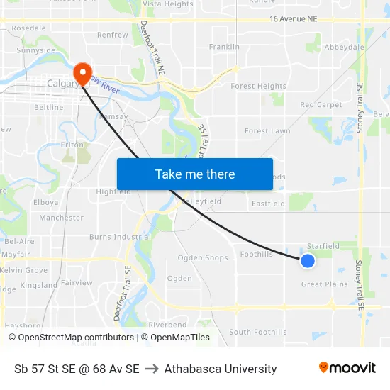 Sb 57 St SE @ 68 Av SE to Athabasca University map