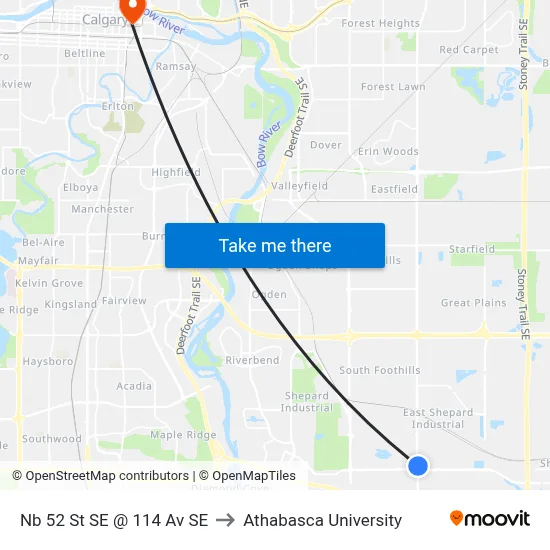 Nb 52 St SE @ 114 Av SE to Athabasca University map