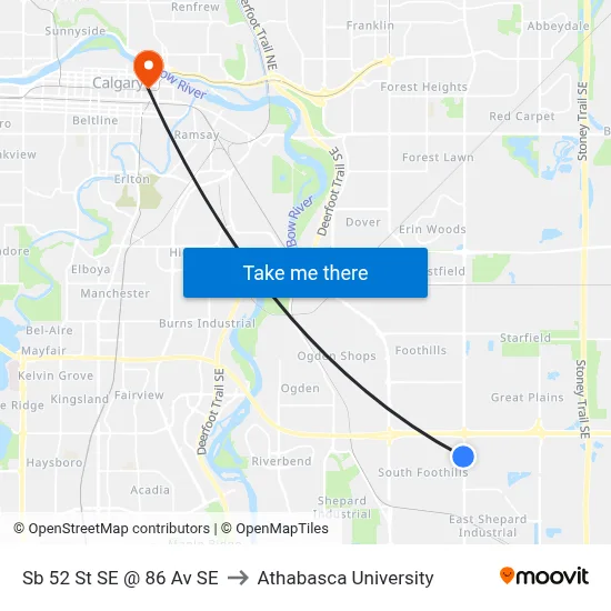 Sb 52 St SE @ 86 Av SE to Athabasca University map