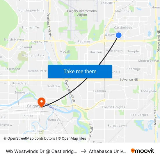 Wb Westwinds Dr @ Castleridge Bv NE to Athabasca University map