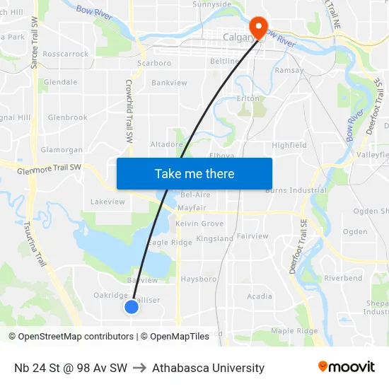 Nb 24 St @ 98 Av SW to Athabasca University map