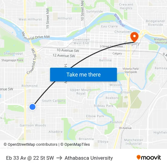 Eb 33 Av @ 22 St SW to Athabasca University map