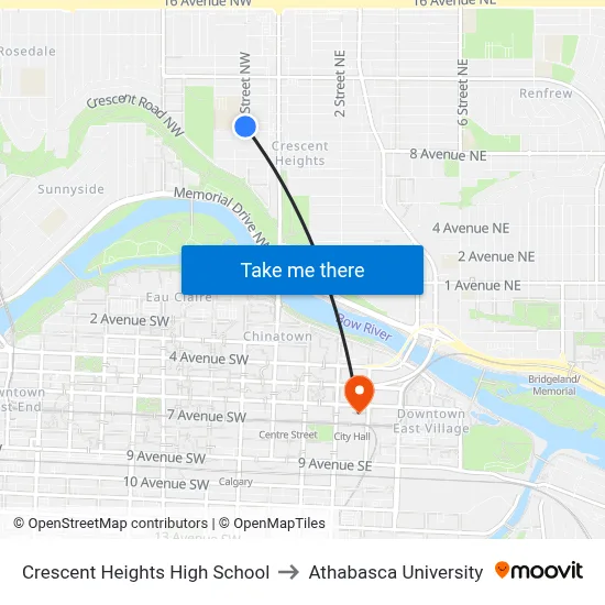 Crescent Heights High School to Athabasca University map