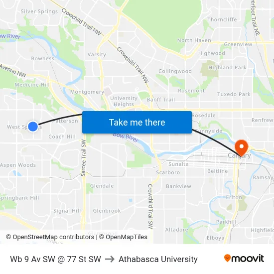 Wb 9 Av SW @ 77 St SW to Athabasca University map