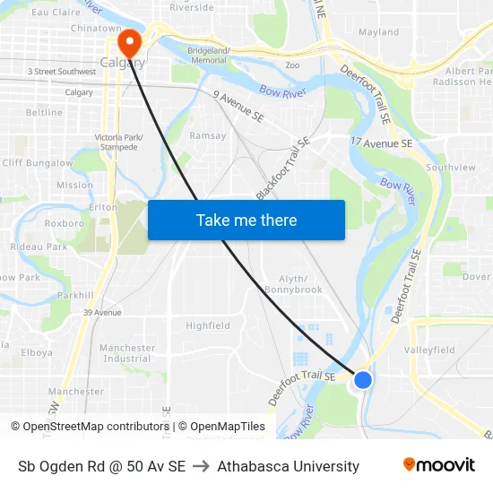 Sb Ogden Rd @ 50 Av SE to Athabasca University map