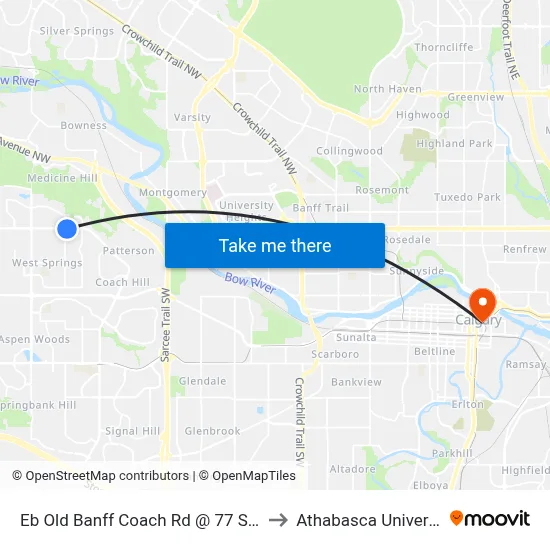 Eb Old Banff Coach Rd @ 77 St SW to Athabasca University map