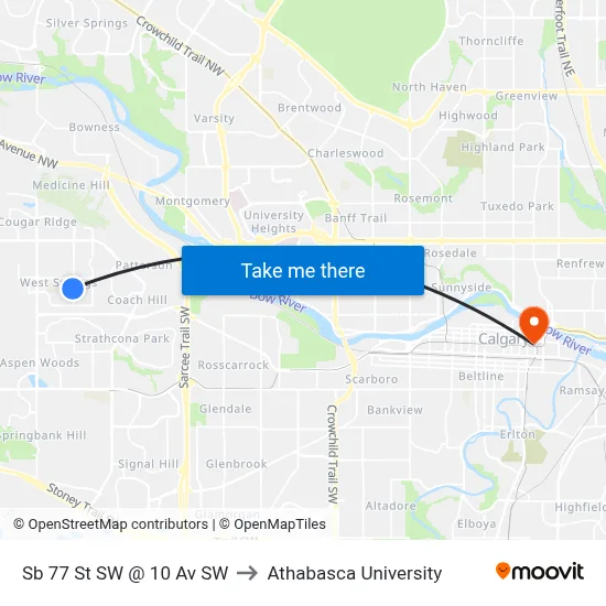 Sb 77 St SW @ 10 Av SW to Athabasca University map