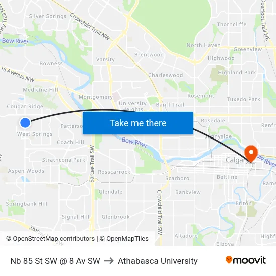 Nb 85 St SW @ 8 Av SW to Athabasca University map