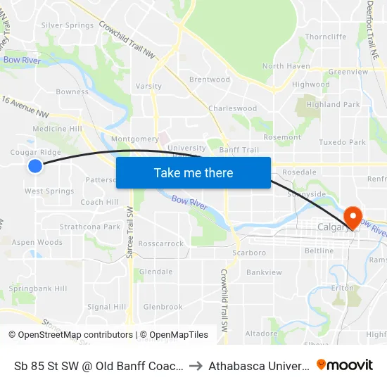 Sb 85 St SW @ Old Banff Coach Rd to Athabasca University map