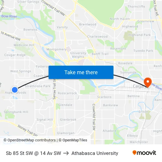 Sb 85 St SW @ 14 Av SW to Athabasca University map