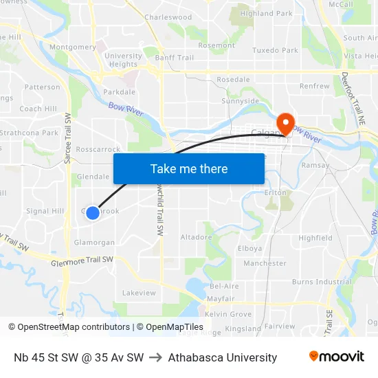 Nb 45 St SW @ 35 Av SW to Athabasca University map