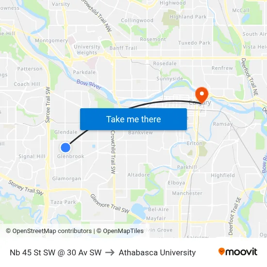 Nb 45 St SW @ 30 Av SW to Athabasca University map