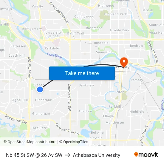 Nb 45 St SW @ 26 Av SW to Athabasca University map