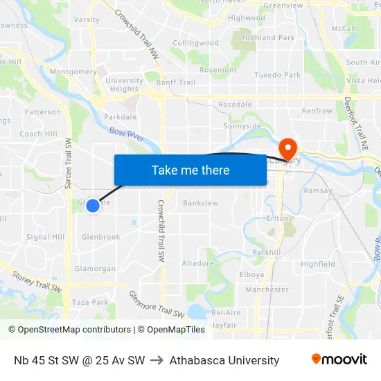 Nb 45 St SW @ 25 Av SW to Athabasca University map