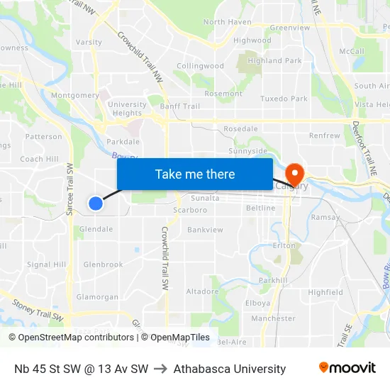 Nb 45 St SW @ 13 Av SW to Athabasca University map