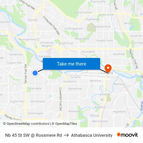 Nb 45 St SW @ Rossmere Rd to Athabasca University map