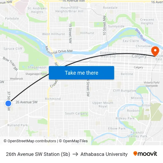 26th Avenue SW Station (Sb) to Athabasca University map