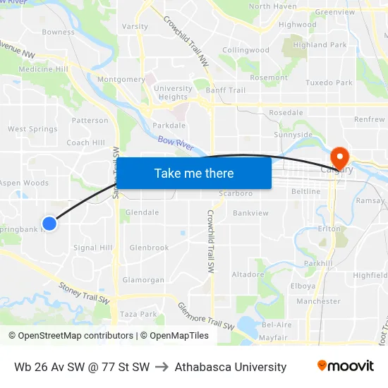 Wb 26 Av SW @ 77 St SW to Athabasca University map