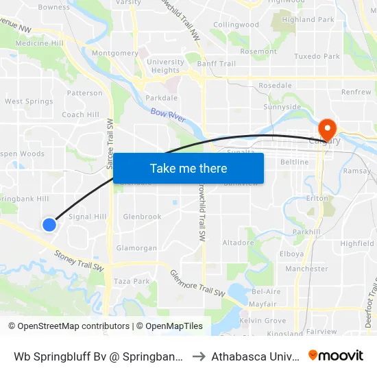 Wb Springbluff Bv @ Springbank Wy SW to Athabasca University map